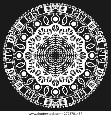 White lacy mandala on a black background. Design for a round tablecloth, decorative pillow, napkin or other item. Version 5. Vector illustration