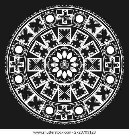 White lacy mandala on a black background. Design for a round tablecloth, decorative pillow, napkin or other item. Version 8. Vector illustration