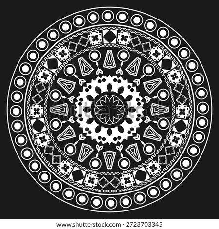 White lacy mandala on a black background. Design for a round tablecloth, decorative pillow, napkin or other item. Version 7. Vector illustration