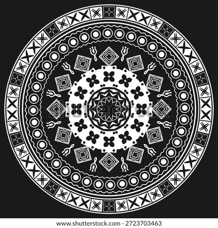 White lacy mandala on a black background. Design for a round tablecloth, decorative pillow, napkin or other item. Version 6. Vector illustration