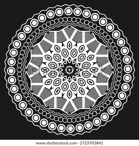 White lacy mandala on a black background. Design for a round tablecloth, decorative pillow, napkin or other item. Version 3. Vector illustration