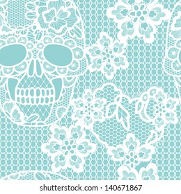 White lacy skull and flowers.Trendy  vector seamless pattern.