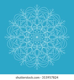 White lacy snowflake on blue winter background. Vector illustration  snowflake. Decorative element. 