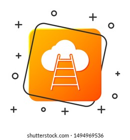 White Ladder leading to cloud icon isolated on white background. Stairs leading to the cloud. Orange square button. Vector Illustration