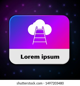 White Ladder leading to cloud icon isolated on black background. Stairs leading to the cloud. Rectangle color button. Vector Illustration