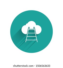 White Ladder leading to cloud icon isolated with long shadow. Stairs leading to the cloud. Green circle button. Vector Illustration