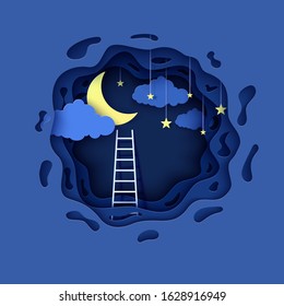 White ladder to pick the star above cloud in paper cut style. Papercut night landscape climbing on ladder to sky and trying to catch dream star. Follow your dreams vector motivational poster concept.