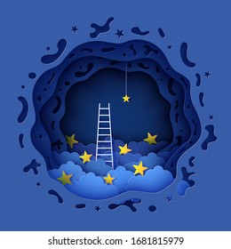 Escalera blanca para recoger la estrella por encima de la nube en estilo de corte de papel. Papercut noche paisaje escalando en escalera al cielo y tratando de atrapar a la estrella de los sueños. Sigue tu concepto de póster motivacional vectorial de tus sueños.