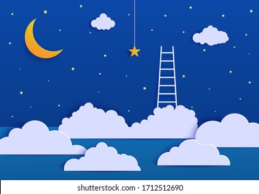 Escalera blanca para recoger la estrella por encima de la nube en estilo de corte de papel. Papercut noche paisaje escalando en escalera al cielo y tratando de atrapar a la estrella de los sueños. Sigue tu concepto de póster motivacional vectorial de tus sueños.