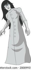 A white lady, a type of female ghost, typically dressed in a white dress or similar garment, reportedly seen in rural areas and associated with local legends of tragedy. Cartoon style drawing.