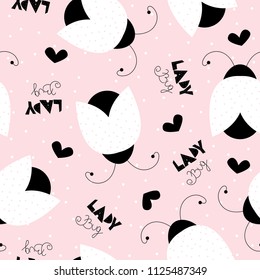 White ladybag with lettering seamless pattern. Vector hand drawn illustration.
