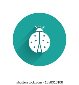 White Ladybug icon isolated with long shadow. Green circle button. Vector Illustration