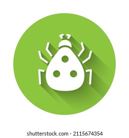 White Ladybug icon isolated with long shadow. Green circle button. Vector