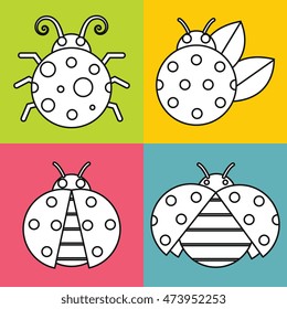 White ladybugs with white stroke on color background. Vector illustration
