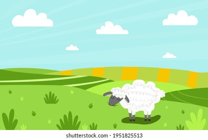 white lamb chews grass on a green meadow. Panaram background with animal. Bright cartoon illustration. Background for the design of packaging, covers, cards. Vector illustration, flat