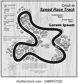 White laminate and parquet background with wooden texture and city map with race circuit road silhouette