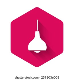 White Lamp hanging icon isolated with long shadow background. Ceiling lamp light bulb. Pink hexagon button. Vector