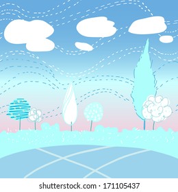 White Landscape with trees and clouds