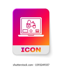 White Laptop application for control a autonomous tractor on a smart farm icon isolated on white background. Smart agriculture implement. Rectangle color button. Vector Illustration