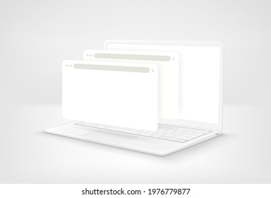 White laptop with blank browser windows on white background. 3d style vector illustration