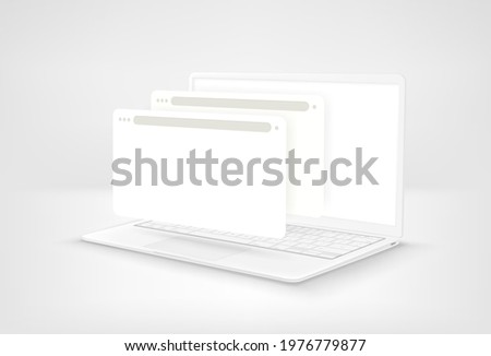 White laptop with blank browser windows on white background. 3d style vector illustration