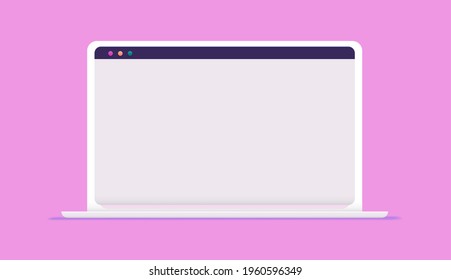 Ordenador portátil blanco con fondo rosado y pantalla en blanco. Ilustración vectorial.
