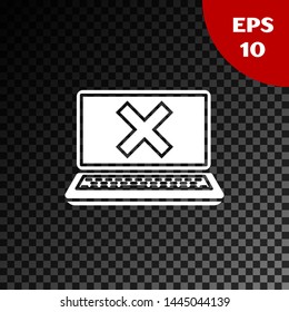 White Laptop and cross mark on screen icon isolated on transparent dark background. Error window, exit button, cancel, 404 error page not found concept.  Vector Illustration