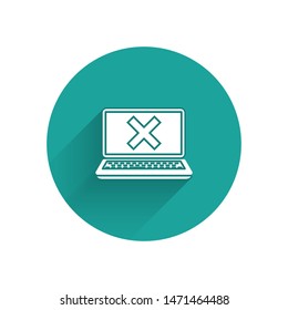 White Laptop and cross mark on screen icon isolated with long shadow. Error window, exit button, cancel, 404 error page not found concept. Green circle button. Vector Illustration