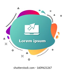 White Laptop and cursor icon isolated on white background. Computer notebook with empty screen sign. Abstract banner with liquid shapes. Vector Illustration