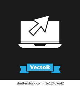 White Laptop and cursor icon isolated on black background. Computer notebook with empty screen sign.  Vector Illustration