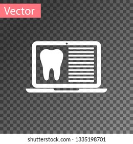 White Laptop with dental card or patient medical records icon isolated on transparent background. Dental insurance. Dental clinic report. Vector Illustration