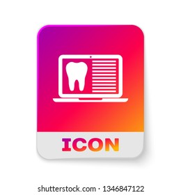 White Laptop with dental card or patient medical records icon isolated on white background. Dental insurance. Dental clinic report. Rectangle color button. Vector Illustration