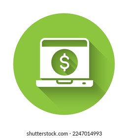 Portátil blanco con un icono de dólar aislado con una gran sombra. Envío de dinero por todo el mundo, transferencia de dinero, banca en línea, transacciones financieras. Botón Círculo verde. Vector