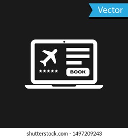 White Laptop with electronic boarding pass airline ticket icon isolated on black background. Passenger plane mobile ticket for web and app.  Vector Illustration