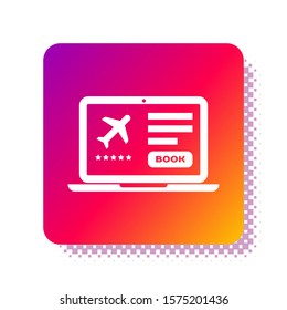 White Laptop with electronic boarding pass airline ticket icon isolated on white background. Passenger plane mobile ticket for web and app. Square color button. Vector Illustration