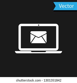 White Laptop with envelope and open email on screen icon isolated on black background. Email marketing, internet advertising concepts. Vector Illustration