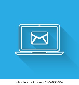 White Laptop with envelope and open email on screen icon isolated with long shadow. Email marketing, internet advertising concepts. Vector Illustration