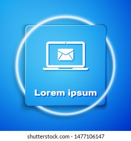 White Laptop with envelope and open email on screen icon isolated on blue background. Email marketing, internet advertising concepts. Blue square button. Vector Illustration