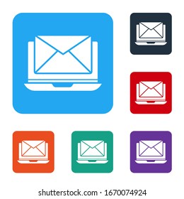 White Laptop with envelope and open email on screen icon isolated on white background. Email marketing, internet advertising concepts. Set icons in color square buttons. Vector Illustration