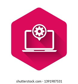 White Laptop and gear icon isolated with long shadow. Laptop service concept. Adjusting app, setting options, maintenance, repair, fixing. Pink hexagon button. Vector Illustration