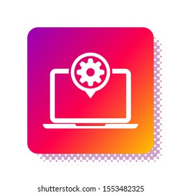 White Laptop and gear icon isolated on white background. Laptop service concept. Adjusting app, setting options, maintenance, repair, fixing. Square color button. Vector Illustration