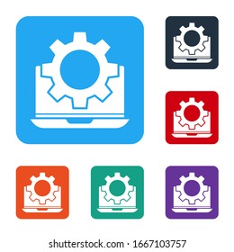 White Laptop and gear icon isolated on white background. Adjusting app, setting options, maintenance, repair, fixing. Set icons in color square buttons. Vector Illustration