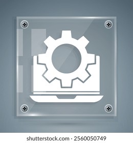 White Laptop and gear icon isolated on grey background. Adjusting app, setting options, maintenance, repair, fixing. Square glass panels. Vector Illustration