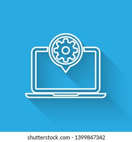 White Laptop and gear line icon isolated with long shadow. Laptop service concept. Adjusting app, setting options, maintenance, repair, fixing. Vector Illustration