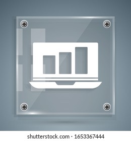 White Laptop with graph chart icon isolated on grey background. Report text file icon. Accounting sign. Audit, analysis, planning. Square glass panels. Vector Illustration