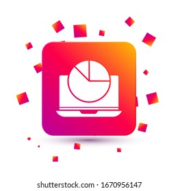 White Laptop with graph chart icon isolated on white background. Report text file icon. Accounting sign. Audit, analysis, planning. Square color button. Vector Illustration