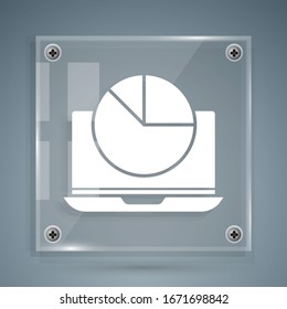 White Laptop with graph chart icon isolated on grey background. Report text file icon. Accounting sign. Audit, analysis, planning. Square glass panels. Vector Illustration