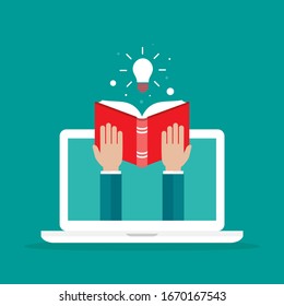 white laptop with hands holding red open books and idea bulb.. Flat vector illustration iIsolated on blue background. Internet knowledge, information. on-line education, course. distant learning.