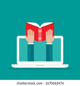 white laptop with hands holding red open book. Flat vector illustration iIsolated on blue background. Internet knowledge, information. on-line education, course. distant learning.