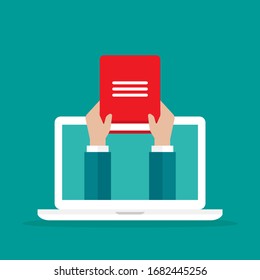 white laptop with hands holding red open book. Flat vector illustration iIsolated on blue background. Internet knowledge, information. on-line education, course. distant learning.